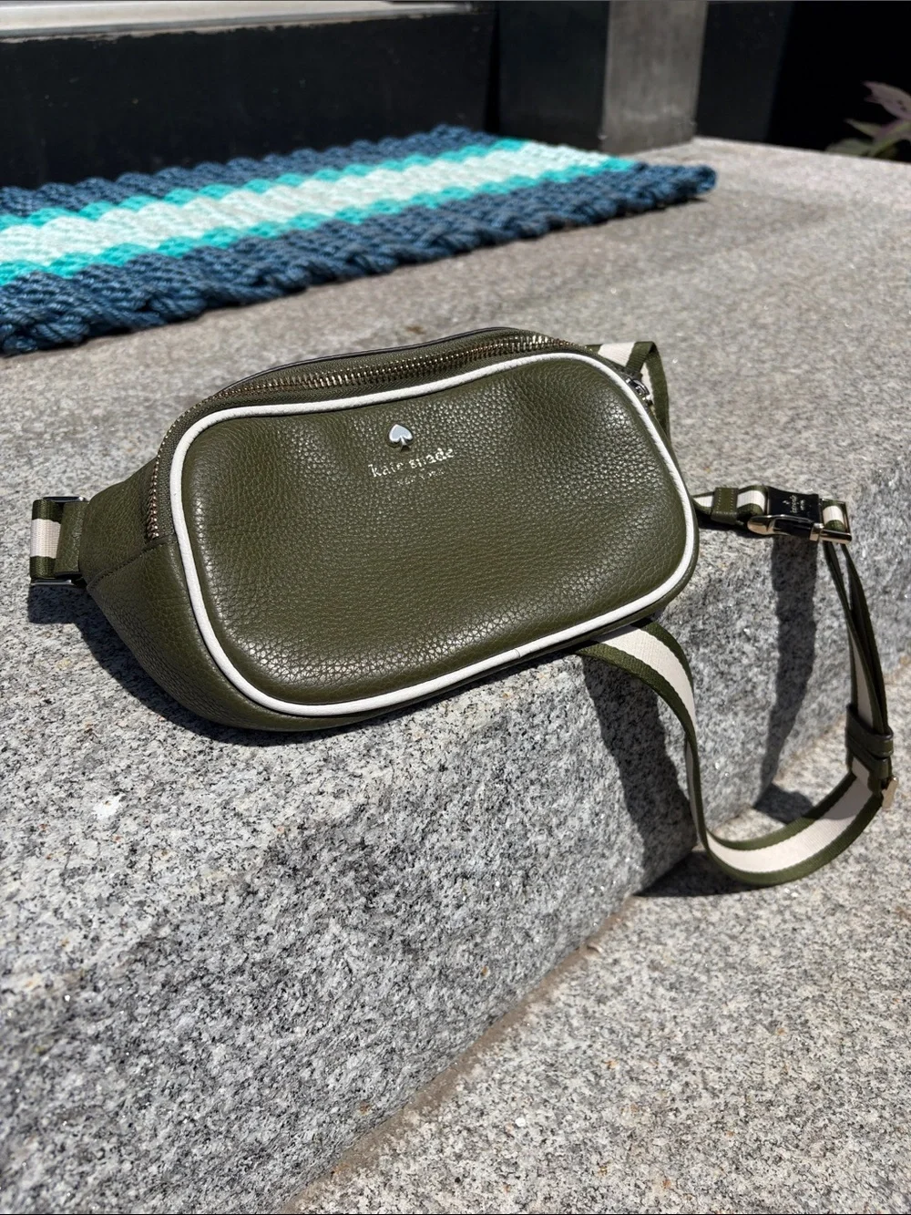 kate spade Olive Green Pebbled Leather Belt Bag with White Piping
